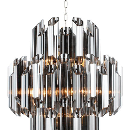 Silver Unique Statement Nine Light Metal and Beveled Glass Chandelier With Silver Shades