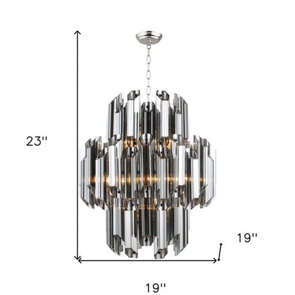 Silver Unique Statement Nine Light Metal and Beveled Glass Chandelier With Silver Shades