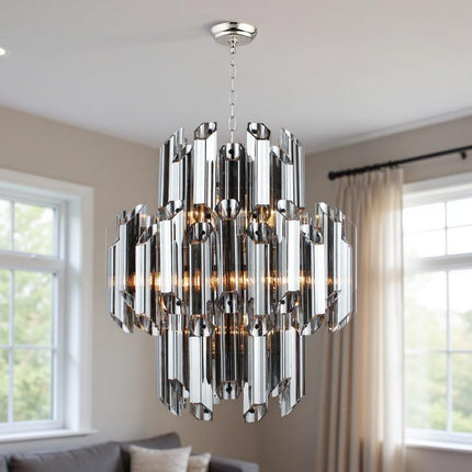 Silver Unique Statement Nine Light Metal and Beveled Glass Chandelier With Silver Shades