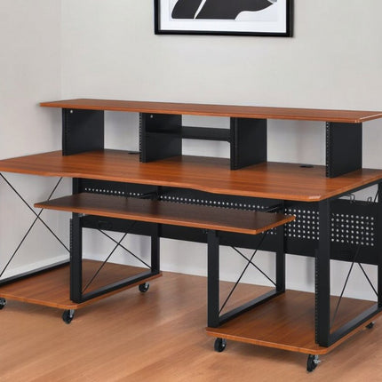 72" Brown and Black Wood and Metal Rolling Computer Desk
