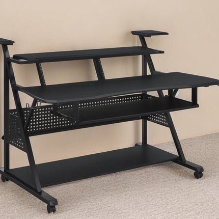 67" Black Wood and Metal Rolling Computer Desk