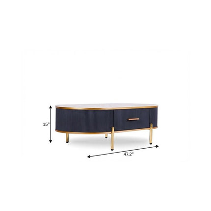 47" White And Gold Stone And Stainless Steel Oval Coffee Table With Drawer