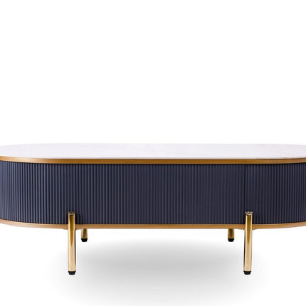 47" White And Gold Stone And Stainless Steel Oval Coffee Table With Drawer