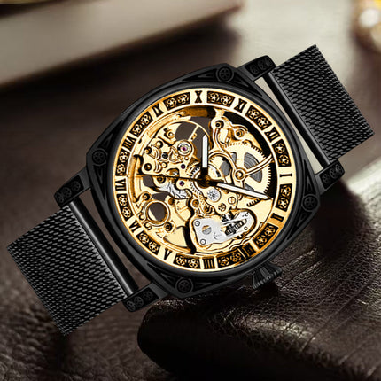 1pc Men's yellow black mesh belt college style niche fully automatic hollow tourbillon