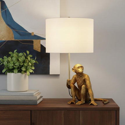 26" Antiqued Gold Sitting Monkey Table Lamp With White