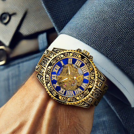 1pc Men'S Luxury Mechanical Watch with Roman Numeral Dial, Blue Hands & Golden-Tone Markers