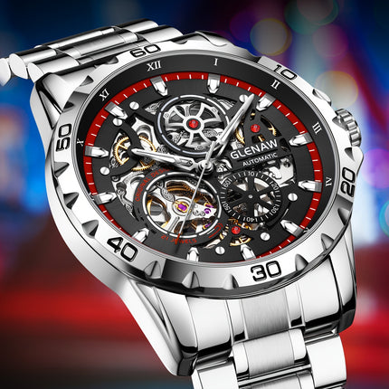 GLENAW Men'S Skeleton Automatic Watch - Stainless Steel Band, Flywheel Movement With Date Display
