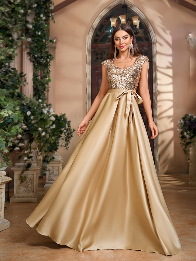 Short Sleeve Bow Belt Sequin Dress, Family Gathering Birthday Party Dress, Elegant and Fashionable Dress,