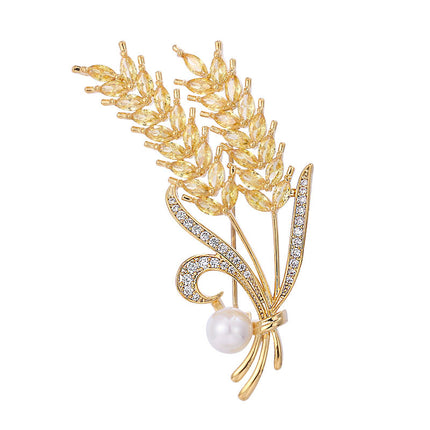 Copper White Gold White Zircon Wheat Brooch