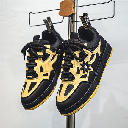 Men's Trendy Flower Pattern Lace Up Skateboard Shoes, Non Slip Comfy Platform Shoes, All Seasons