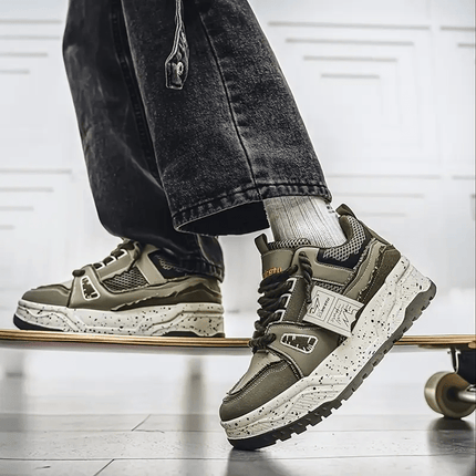 Men's Retro Skate Sneakers - Green & White Color Block, Thick Rubber Sole, Shock Absorbing Casual Sneakers