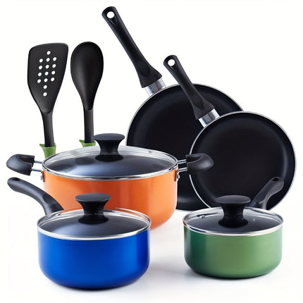 clean orange frying pans, spoons, spatulas, soup spoons, colorful pots and pans set for home 10 piece