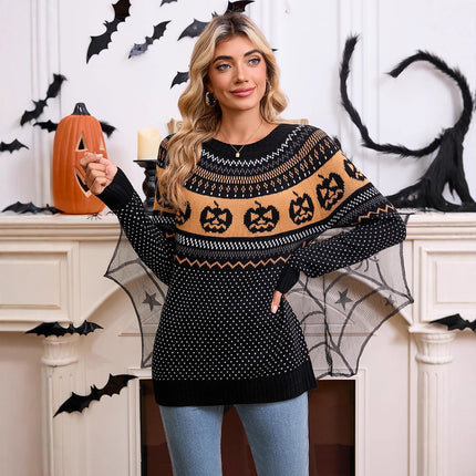 Women's Halloween Pumpkin Embroidered Retro Long-sleeved Sweater