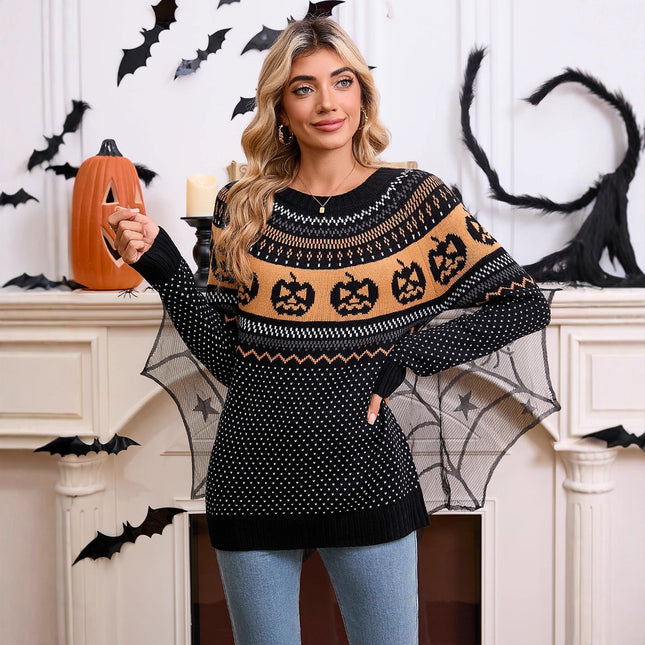 Women's Halloween Pumpkin Embroidered Retro Long-sleeved Sweater