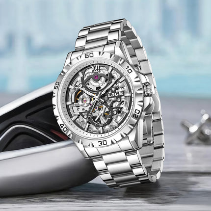 Men'S Mechanical Watch - Elegant Hollow Dial with Stainless Steel Strap,