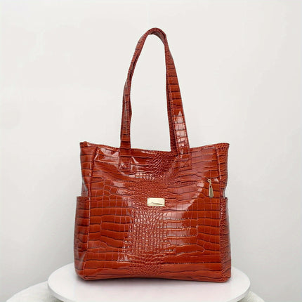 Women's preferred large-capacity tote: elegant, solid-color, crocodile-patterned PU bag with secure zipper