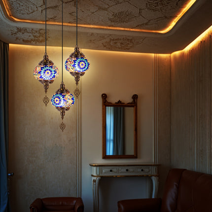 Turkish-moroccan Mosaic three-head ceiling lamp, E27 lamp holder, handmade glass