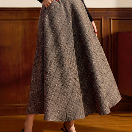 Vintage Elegant Women's Skirt with Pockets, Plaid Belt, Casual Commuting Vacation Skirt