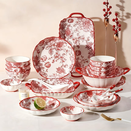 18/33/44pcs Set - Ceramic Tableware Set, French Retro, Red Rose Pattern, Wedding Gift, Can Hold Steak