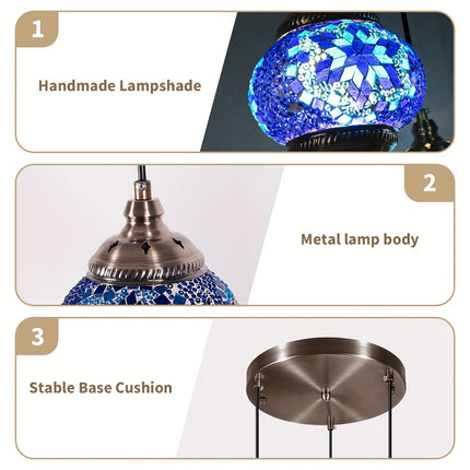 Turkish-Moroccan Mosaic Three-Head Ceiling Lamp Handmade Glass Shade, Mediterranean Style,
