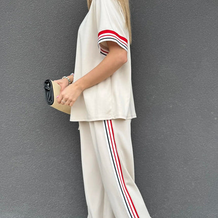 Jet Stream Contrast Striped Trim Crewneck T Shirt Loose Straight Pants Set