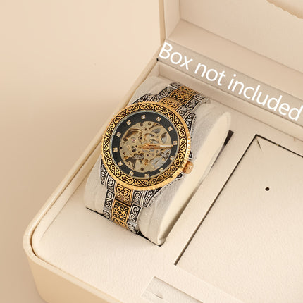 Men'S Vintage Mechanical Watch Luxury Hollow Case with Golden-Tone Dial, Mechanical Movement