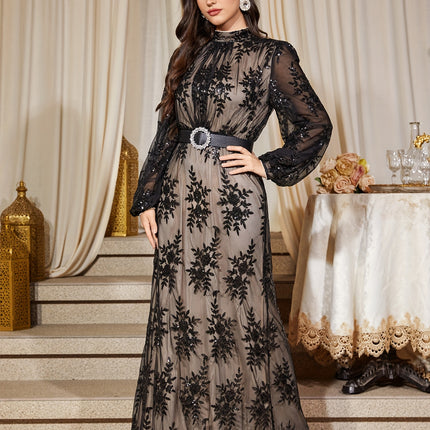 Elegant Women'S Semi-High Neck Long Sleeve Lace Arabian Dress with Sequin and Floor-Length,