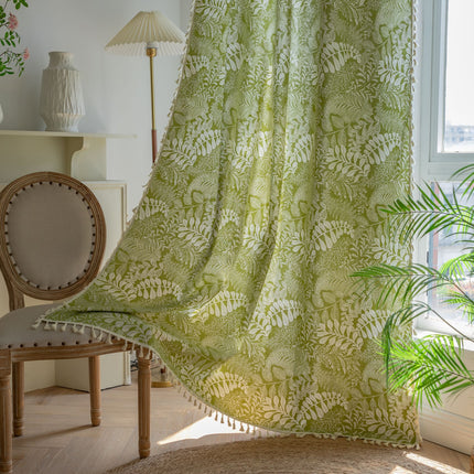 Green Plant Floral American Kitchen Print Fringe Curtain Complete Set Rod Style
