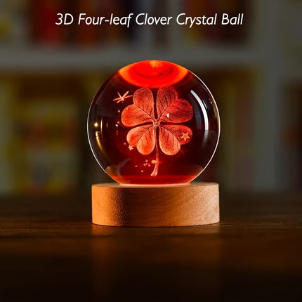 1pc 3D Four-Leaf Clover Crystal Ball with Multicolor Lighting Base,Good Luck Style Night