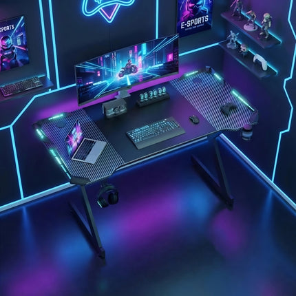 Gaming Desk With Carbon Fiber Desktop And 4 LED Lights, Sturdy Home/office