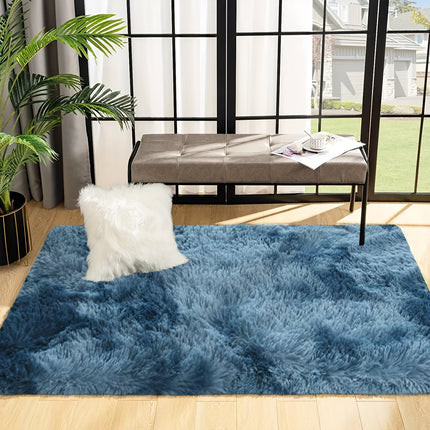 1pc Cozy Gradient Ombre Blue Shaggy Area Rug, Soft Thick Plush Faux Fur Carpet,
