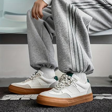 Men'S Retro Low-Top Sneakers - White & Green Accent Lace-Up Shoes with Golden-Tan Sole