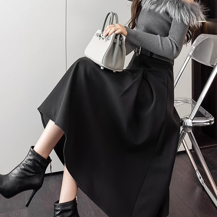 Elegant Flared Skirt with Belt | Women'S Fall/Winter Design, Back Zipper, Pockets, Solid Color