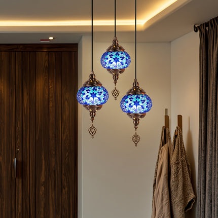 Turkish-Moroccan Mosaic Three-Head Ceiling Lamp Handmade Glass Shade, Mediterranean Style,