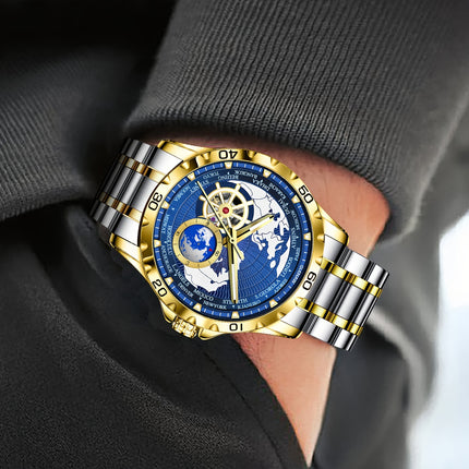 Men's Automatic Watch, Rotating Little Earth Blue Dial Men's Mechanical Watch Steel Strap Stopwatch