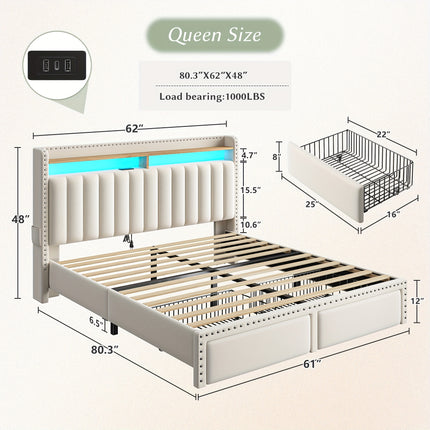 Color-Controlled Bed Frame With Light Strip And Socket, Three Sizes Available