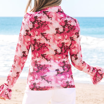 Rose Floral Mesh Flounce Sleeve Mock Neck Blouse