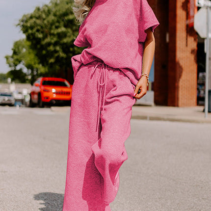 Strawberry Pink Textured Loose Fit T Shirt and Drawstring Pants Set