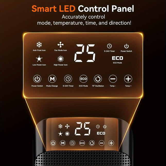 1500W Portable Heater with Thermostat, 24H Timer, 75°Oscillation, ECO Mode
