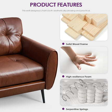 Modern Tufted Mini Sofa Brown Faux Leather, Comfy Office 2-Seat Settee for Small Spaces, Bedroom, Living Room