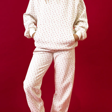 Pink Floral Print Kangaroo Pocket Hoodie Sheath Sweatpants Set
