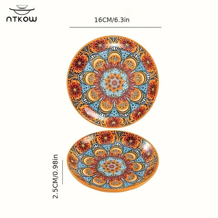 NTKOW 6pcs Bohemian Hand-Painted Ceramic Plates - Vibrant Floral & Geometric Patterns