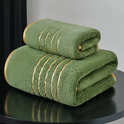 2pcs Modern Striped Coral Fleece Bath Towel and Hand Towel Set, Highly Absorbent
