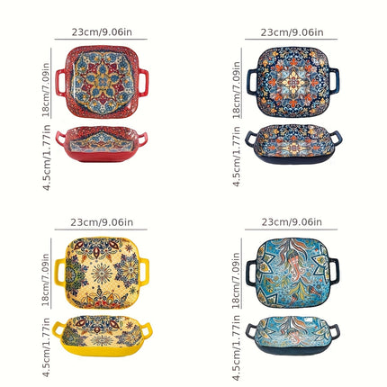 Set of Four Bohemian Square Plates with Double Handles! These Ceramic Serving Dishes Are