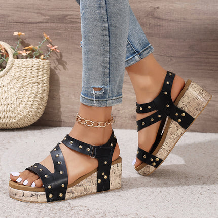 Black Rivet Hollow Out Leather Wedge Sandals