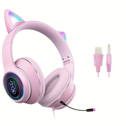 AUX 3.5Mm Cat Ear Gaming Headphones with LED Light, Noise-Cancelling Stereo On-Ear Headphones,
