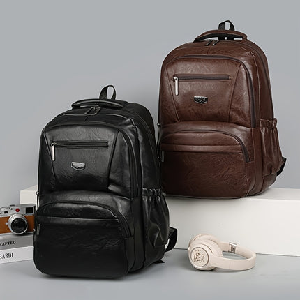 Men's Vintage PU Large Capacity Multi-Pocket Backpack, Casual Commuter Travel Backpack
