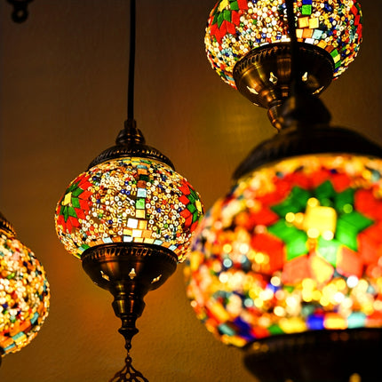 1pc Turkish-Moroccan Tile Pendant Ceiling Light, 5-Arm Shade, E27 Socket, Handcrafted Glass,