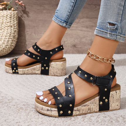 Black Rivet Hollow Out Leather Wedge Sandals