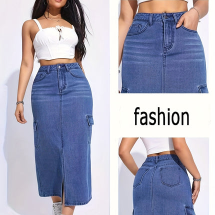 Spring Summer Autumn Slit Skirt with Large Pockets, High-Waisted Casual